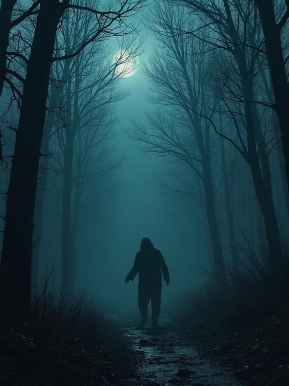 Silhouette of a person walking in a foggy forest at night under moonlight. Tall trees without leaves surround the path.