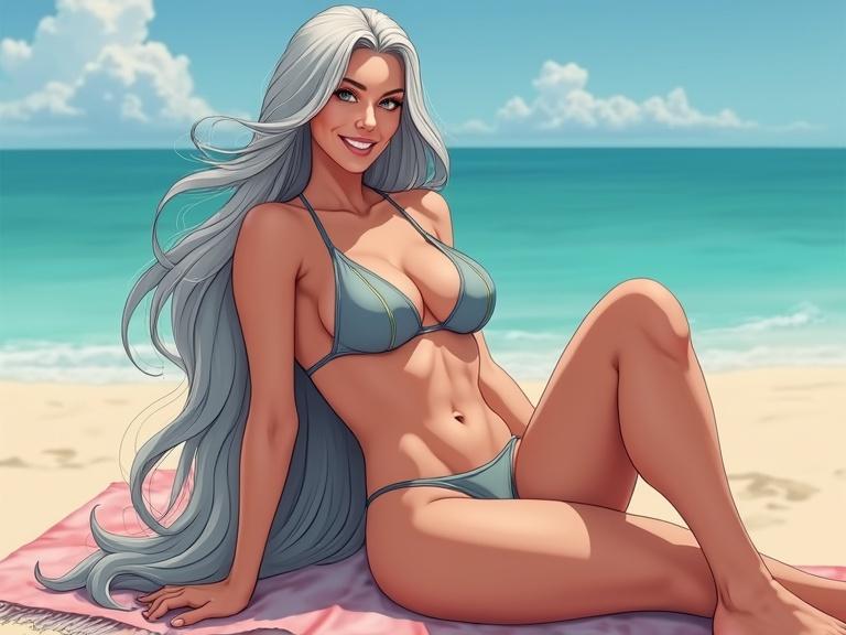 Illustration features a mature woman with long grey hair. She wears a microbikini and has visible abs. The setting is a beach with golden sand and clear blue sea. The woman is lying on a towel and is sunbathing, displaying a smile. This image is created in high definition and is vibrant.
