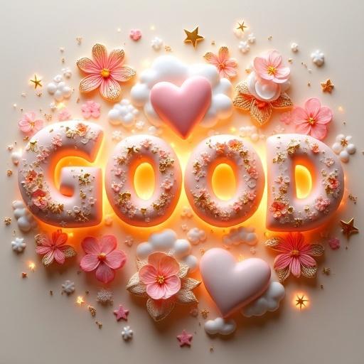 A captivating 3D rendering of the word GOOD. Elegant display with an ethereal glow. Letters crafted from swirling clouds intertwined with delicate flowers and stars. Surrounded by hearts and filigree designs. Soft ivory backdrop illuminating the artwork. Handwritten text above in gold ink.