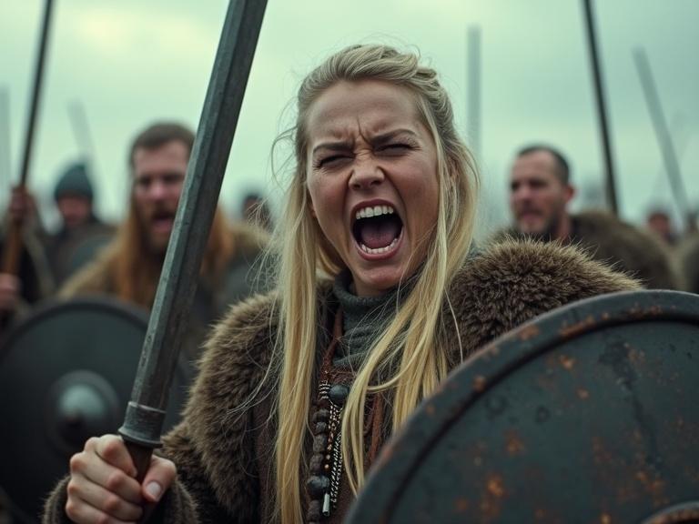 Artistic illustration depicting a yelling Viking battle scene led by a fierce Shieldmaiden. Her expression is intense and commanding. The background features warriors in Viking clothing, set in a tundra landscape. The color palette is faded to evoke a somber mood. The shot captures dynamic lighting and sharp focus, emphasizing details and realism.