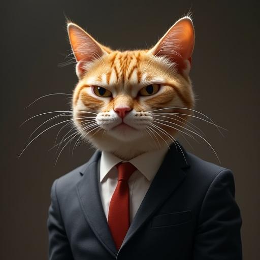 A semi-realistic cat wears a suit. The cat glances sharply. Eyebrows furrowed, cheeks puffed with anger.