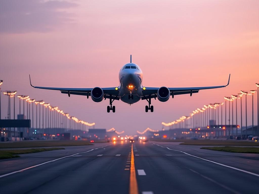 An airplane is approaching the runway for landing, flying low over the airport ground. The aircraft is captured at a dynamic angle, highlighting its wings and landing gear as they prepare to touch down. Surrounding the plane are airport lights and signal towers, guiding its descent. The sky is a beautiful gradient, transitioning from lavender to soft oranges as the sun sets. This scene is filled with anticipation and the hustle of airport activity, showcasing the crucial moment of landing.