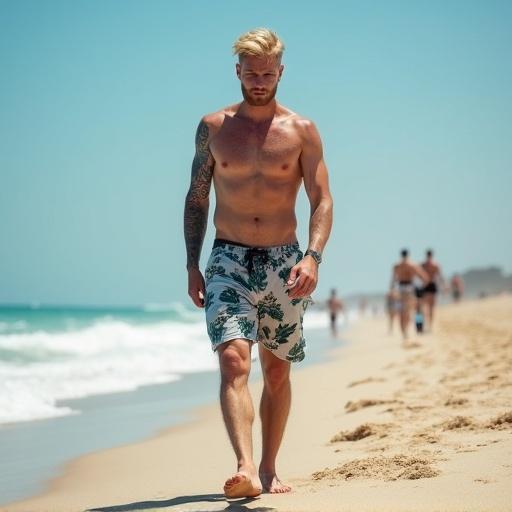 Blond man with tattoos walking on a beach wearing flip flops and swim trunks