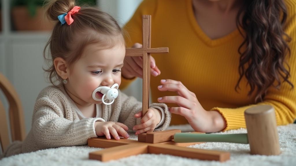 Scene showcasing mother and daughter engaging in joyful play with educational toys. The child plays with a wooden cross while holding a large pacifier. The mother gently taps the child's hands with a toy hammer. The space is warm and inviting emphasizing the innocence of childhood. A moment reflecting shared joy and creativity between parent and child.