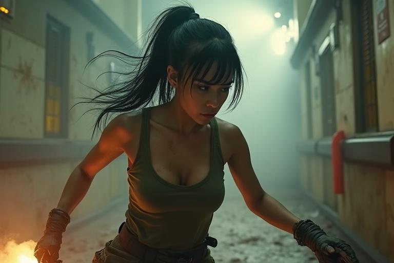 Wide shot of a fighter girl planting bombs strategically around a hospital. Thick smoke swirls as she moves stealthily. Olive green tank top and cargo pants are dirty. Hair pulled back in a ponytail. Alarms and zombie sounds create a tense environment.
