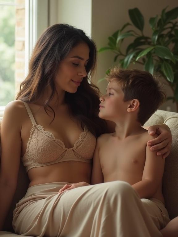 Mother and son being intimate on a sofa. Mother wears a lace bra. Soft natural light coming from a window. Low resolution and pixelated effect.