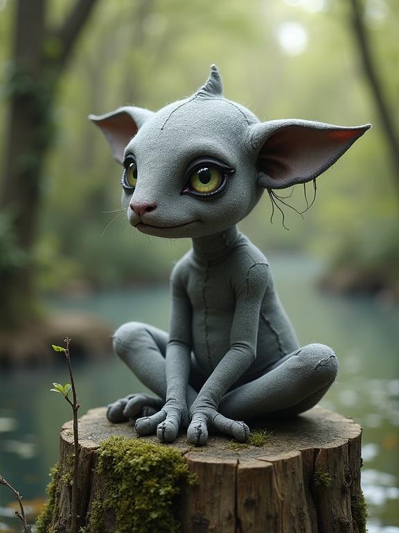 Gray guardian sits on tree stump by riverbend. Character has twinkling eyes and stubby limbs. Its body is crafted from stitched fabric with a painterly quality. Background features a serene nature scene.