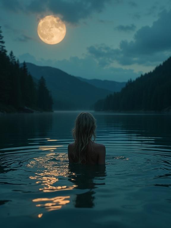 Celtic goddess Morrígan in a moonlit lake. Woman floating in serene water. Full moon above. Natural landscape with trees and mountains.