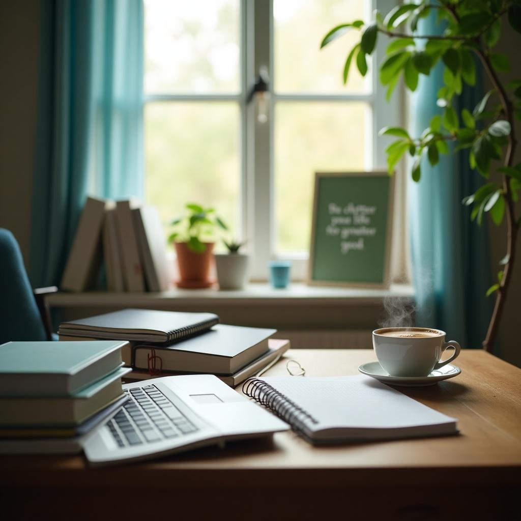 Create a peaceful study environment in a cozy room during daytime. Sunlight streams through a window creating warmth. A wooden desk is cluttered with organized books, a laptop, and a steaming cup of coffee. Soft blue and green hues enhance tranquility. A plant symbolizes growth. A picture says, 'De-clutter your life for greater good.'