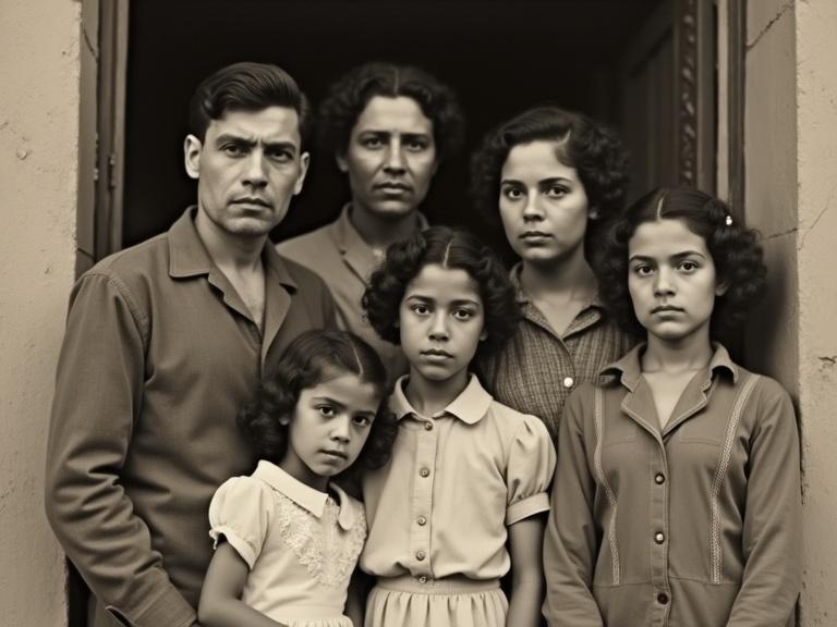 Photograph of a Mexican family from the 1930s. Vintage style. Quality defects present. Family includes five people, men and women. All looking serious at the camera. No smiles.