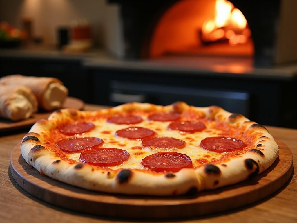 A delicious Neapolitan pizza with a golden-brown crust and topped with slices of salami, arranged evenly across the surface. The pizza is sitting on a round wooden pizza board, giving it a rustic look. In the background, there is a traditional Neapolitan pizza oven, partially visible, adding an authentic touch to the scene. The setting has a cozy atmosphere, with soft lighting highlighting the pizza. This pizza is ready to be served, inviting you to enjoy a slice.