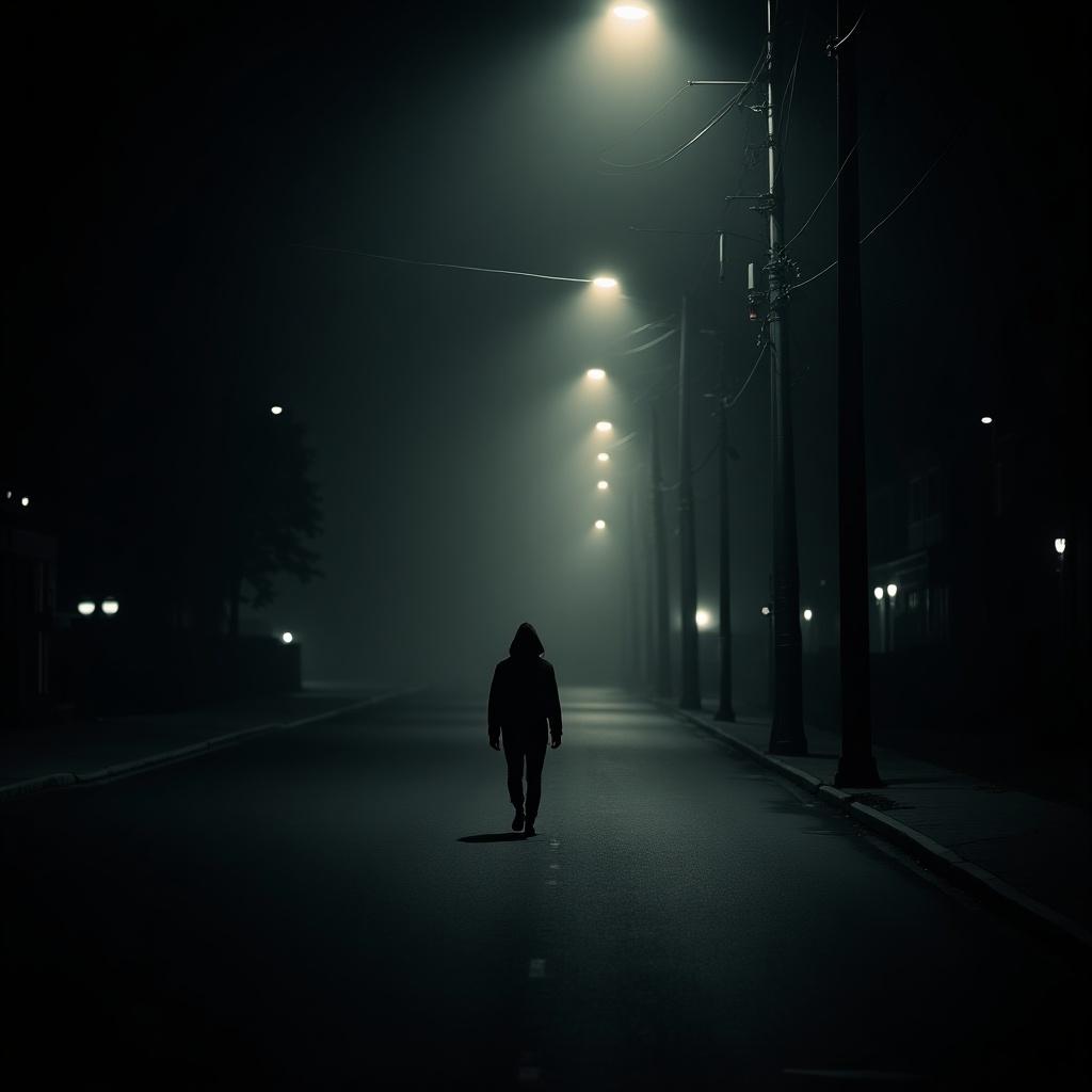 One person walks alone down a dark street with streetlights.