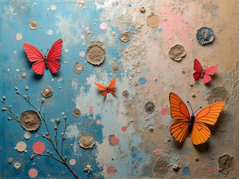 Artistic creation featuring vibrant butterflies on a textured background. Multilayered elements like sand, jute fibers, and wood. Incorporation of origami and confetti. Close-up view emphasizing details. Silver bioluminescent effects.