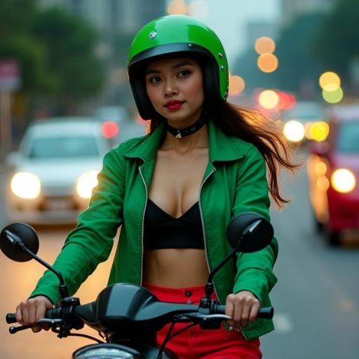 Stylish Indonesian female Gojek driver rides black motorcycle. She wears Gojek green jacket unzipped over sleek top. Red fashionable shorts and naive green helmet complete the look. Confident pose with wind in her hair. High exposure urban traffic blurred in background.