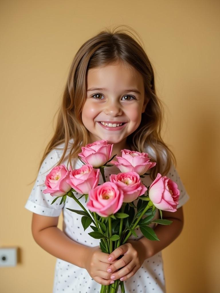 Little girl holds bouquet of pink roses. Smiling with happiness. Soft background highlights flowers.