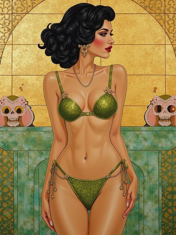 A glamorous woman in a green bikini poses against an art deco backdrop. The artwork features shiny textures and a whimsical ambiance. Influences from Klimt enhance the visual appeal. The scene includes two cute pig skulls on the sides and large golden mosaic tiles in the background. The color palette focuses on deep lime and beige. The artwork appears nostalgic with a mix of watercolor and collage techniques.