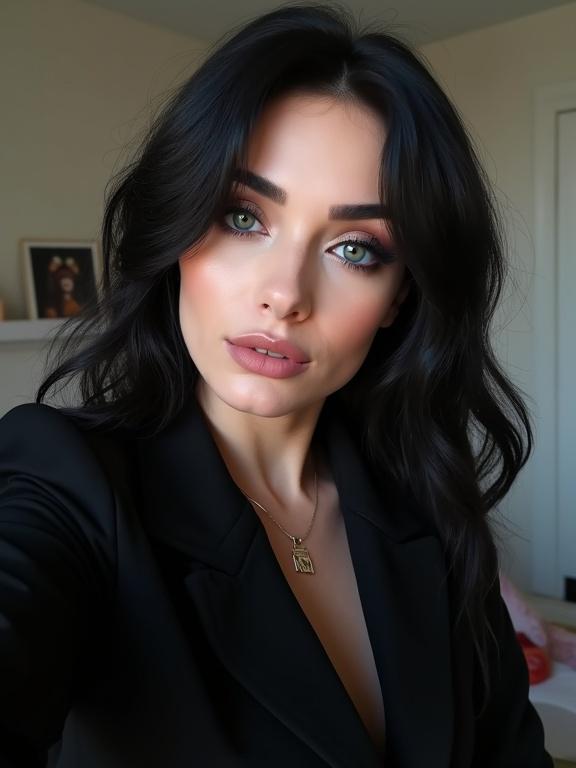 A candid selfie showcases a stylish woman with thick black hair. She wears a black suede jacket. Bright turquoise eyes and dark eyeshadow enhance her beauty. Large pillowy lips contribute to a stunning look. The image captures her elegant style.