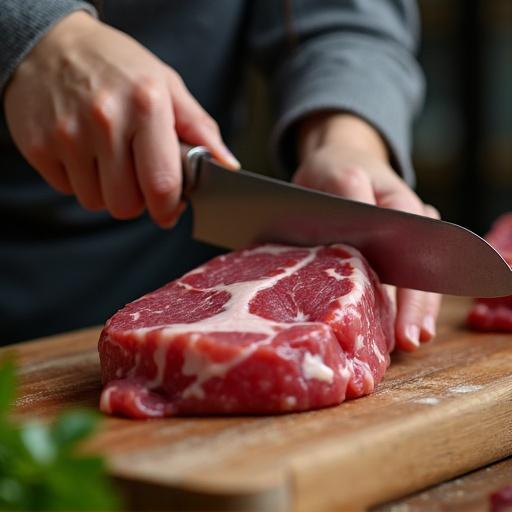 A woman is cutting meat on a wooden board with a knife in a kitchen setting.