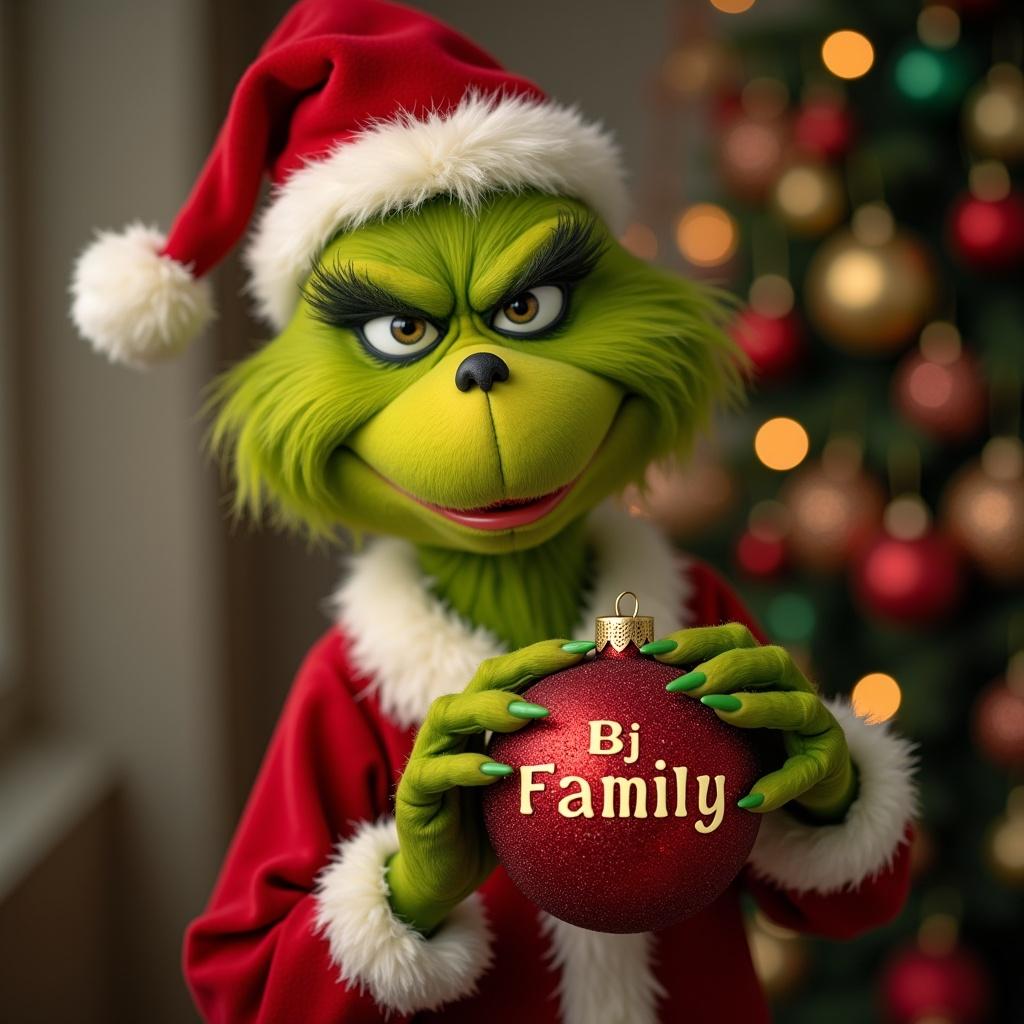 The Grinch holds a red ornament labeled Bj Family. Background features a decorated Christmas tree. Grinch wears a Santa outfit.