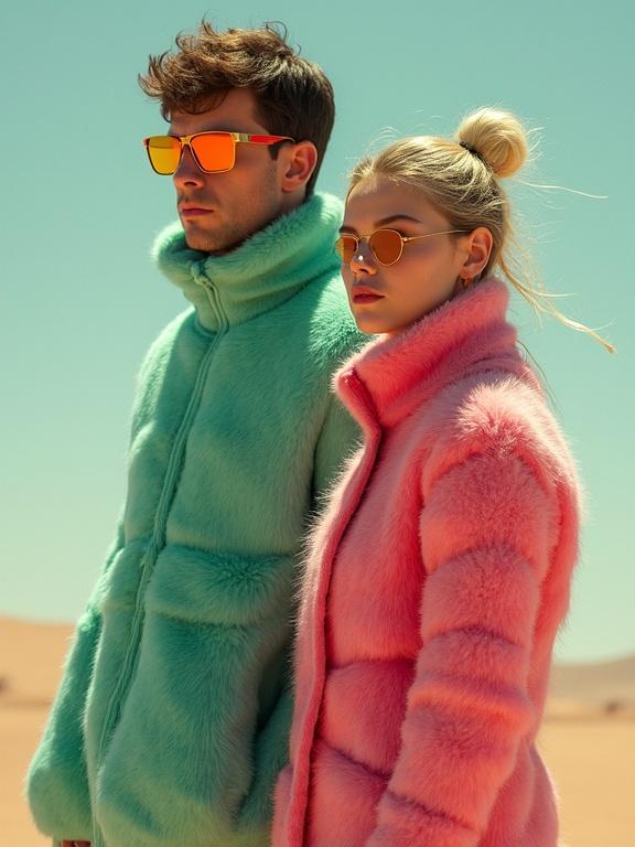 Full body photography of a man and woman wearing unusual fluffy jackets. The man wears a turquoise jacket and the woman a pink one. The desert backdrop provides a surreal atmosphere. The image showcases a modern blend of fashion with minimalist abstract art. Lush colors and textures create a captivating aesthetic. Perfect light enhances intricate details of the jackets. Ideal subject matter for artistic photography and fashion inspiration.