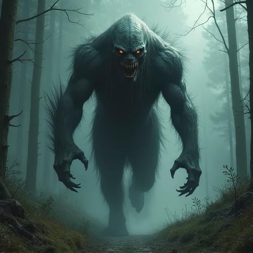 A large, fearsome strigoi monster emerges from a dark forest. The atmosphere is eerie and haunting. The creature is depicted with scary features and an imposing stance.