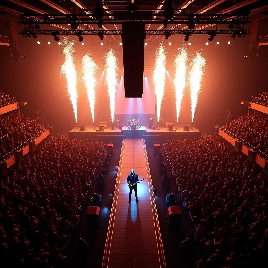 Aerial view of a concert stage with a T-shaped runway. A guitarist performing under dramatic lighting. Pyrotechnics enhancing the atmosphere. Crowded venue in Madison Square Garden.