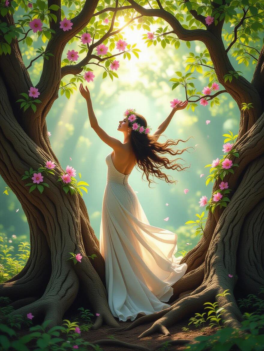 Graceful woman emerges from a tree trunk. Body becomes bark and blossoms. Arms raised with branches sprouting. Vibrant flowers bloom from shoulders. Soft sunlight filters through forest. Serene magical atmosphere.