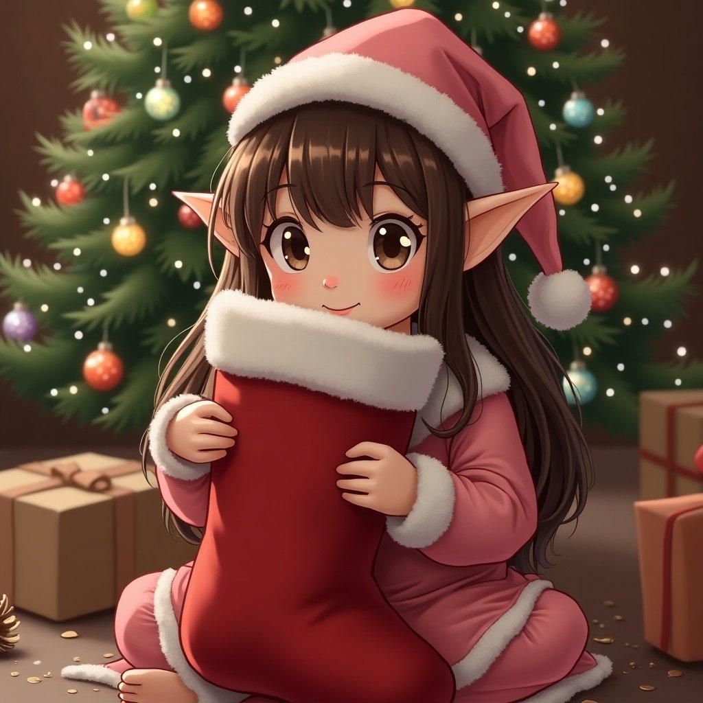 A cute girl elf with pointed ears and long brown hair in pink outfit holds a red stocking. She sits in front of a Christmas tree with presents around.