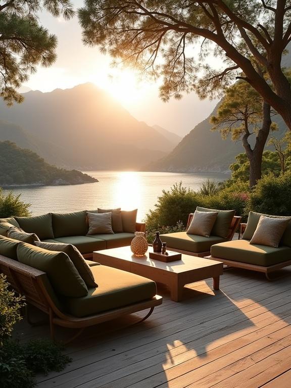 Image features a beautiful outdoor lounge area on a wooden deck beside a tranquil mountain lake during sunset. The patio is elegantly furnished with chaise-style sofas and a wooden coffee table. Lush foliage and a serene water view enhance the experience. The setting is perfect for relaxation or social gatherings.