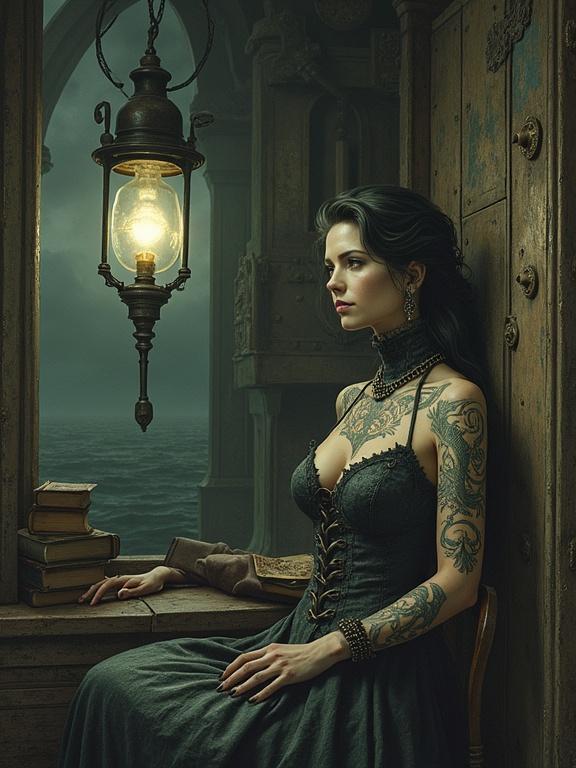 A female lighthouse keeper sitting near a glowing lamp. Surrounded by books and machinery. Tattoos depicting nautical themes. Emotional expression is calm. Artistic style is gothic surrealism. Primary colors are desaturated with a moody feel.