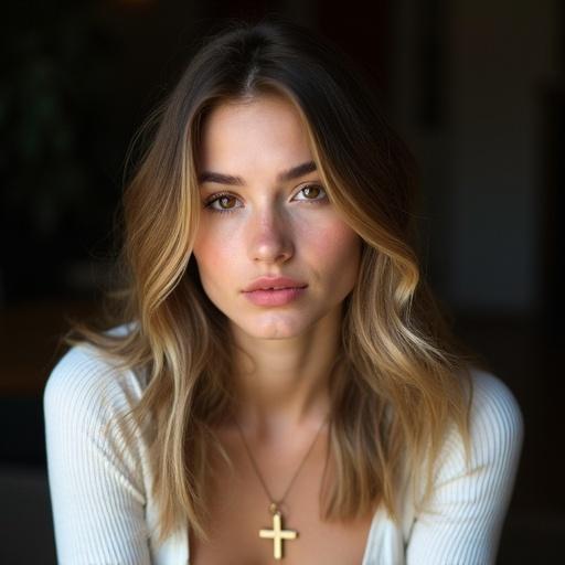 Portrait of young woman with long wavy brown hair blonde highlights light skin wearing white long sleeve shirt gold necklace cross pendant brown eyes full lips pink lipstick arched eyebrows soft natural lighting light from left subtle shadows serene gentle expression blurred dark background close up shot