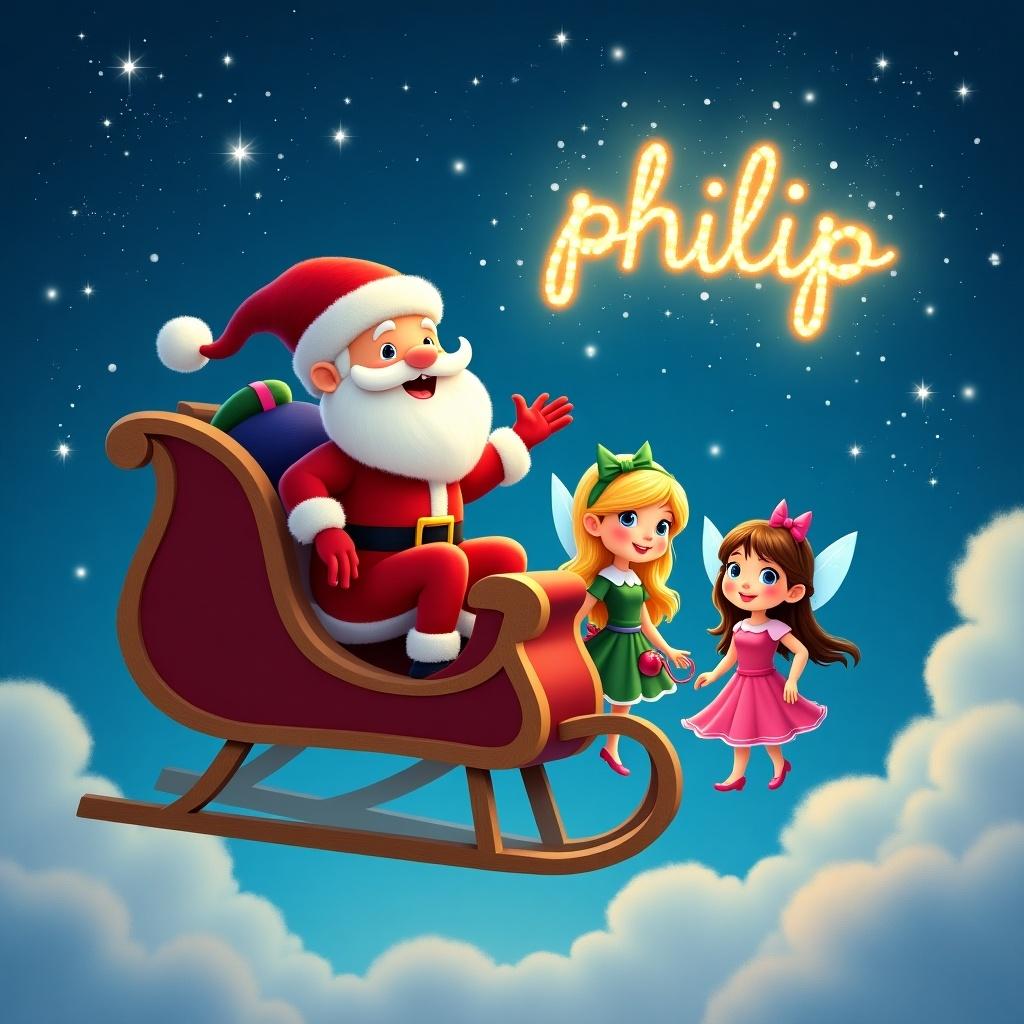 Whimsical scene of Santa Claus with elves in a sleigh at night. Fluffy clouds surround them. The name 'Philip' shines above.