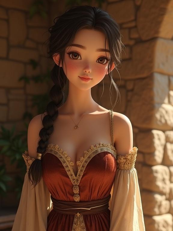 Beautiful woman aged 30 appears as 20. Set in medieval fantasy world. Soft rounded face, warm brown almond-shaped eyes. Tender expression with slightly upturned nose and full lips. Porcelain skin with glow and freckles. Chestnut brown hair in braid or bun, soft strands framing face. Elegant gown in earthy tones with embroidery and gold accents. Cozy stone cottage lit by warm sunlight, soft shadows. Scene is warm and inviting, serene atmosphere.