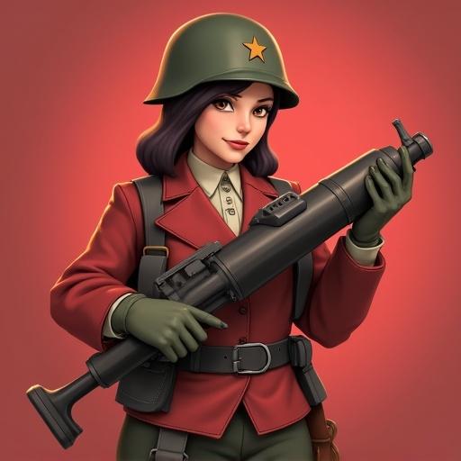 Steam avatar featuring a girl character in the art style of Team Fortress 2. Represents Soldier class and Red team. Character holds a Soviet RPG-7 rocket launcher. Art style reflects 1950s aesthetics.