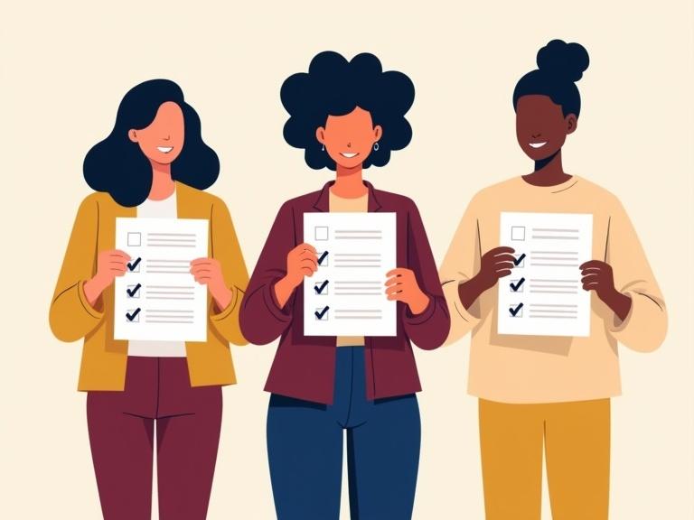 Illustration shows three individuals with different body shapes ages and ethnicities. Each holds a voting ballot with checklist. They hold papers in various ways. Use navy blue maroon and pale yellow colors.