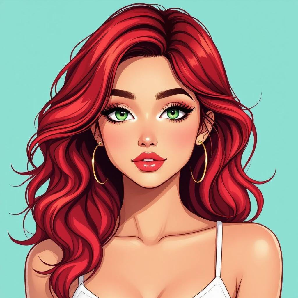 Manga style illustration featuring an Indian woman. Wavy platinum red hair falling below shoulders. Striking green eyes. Neutral expression with a slight pout. Wearing a white spaghetti strap top. Light blue chroma key background. Soft even lighting focusing on face and upper body. Aspect ratio 16:9.