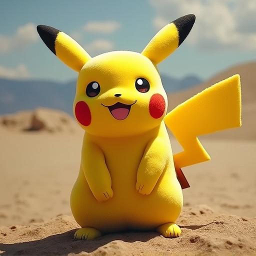 Pikachu plush toy sitting on a sandy dune in a Martian landscape