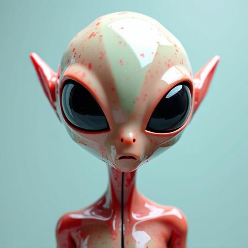Portrait of a friendly alien in low poly style. Features a plastic look with reflective surfaces. Attention on alien's expressive face and large black eyes.