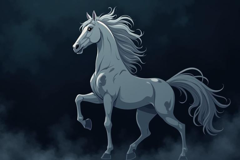 Anime style illustration of a majestic appaloosa horse rearing up against a dark swirling background