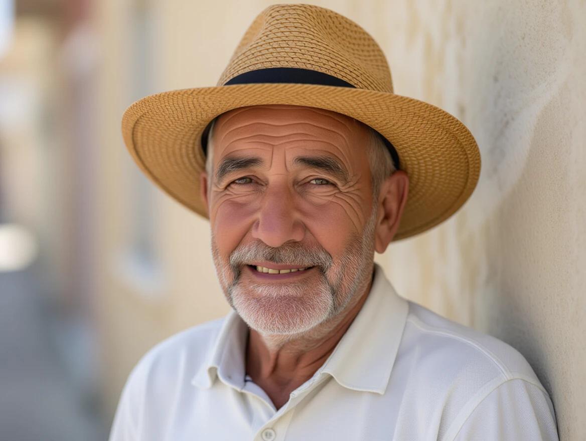 An elderly man wears a stylish straw hat. He is dressed in a white shirt. The setting has warm tones. The mood is serious and calm. The background features a blurred outdoor setting. The shot highlights his attire and expression.