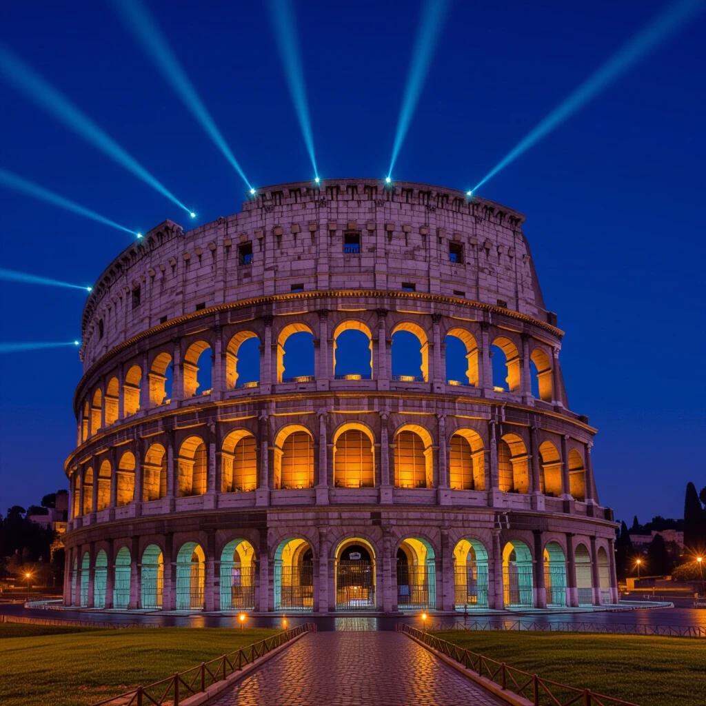 Colosseum in Rome illuminated with beams of lights at night. The ancient structure appears majestic and captivating. This iconic landmark serves as a symbol of Roman history and architecture.
