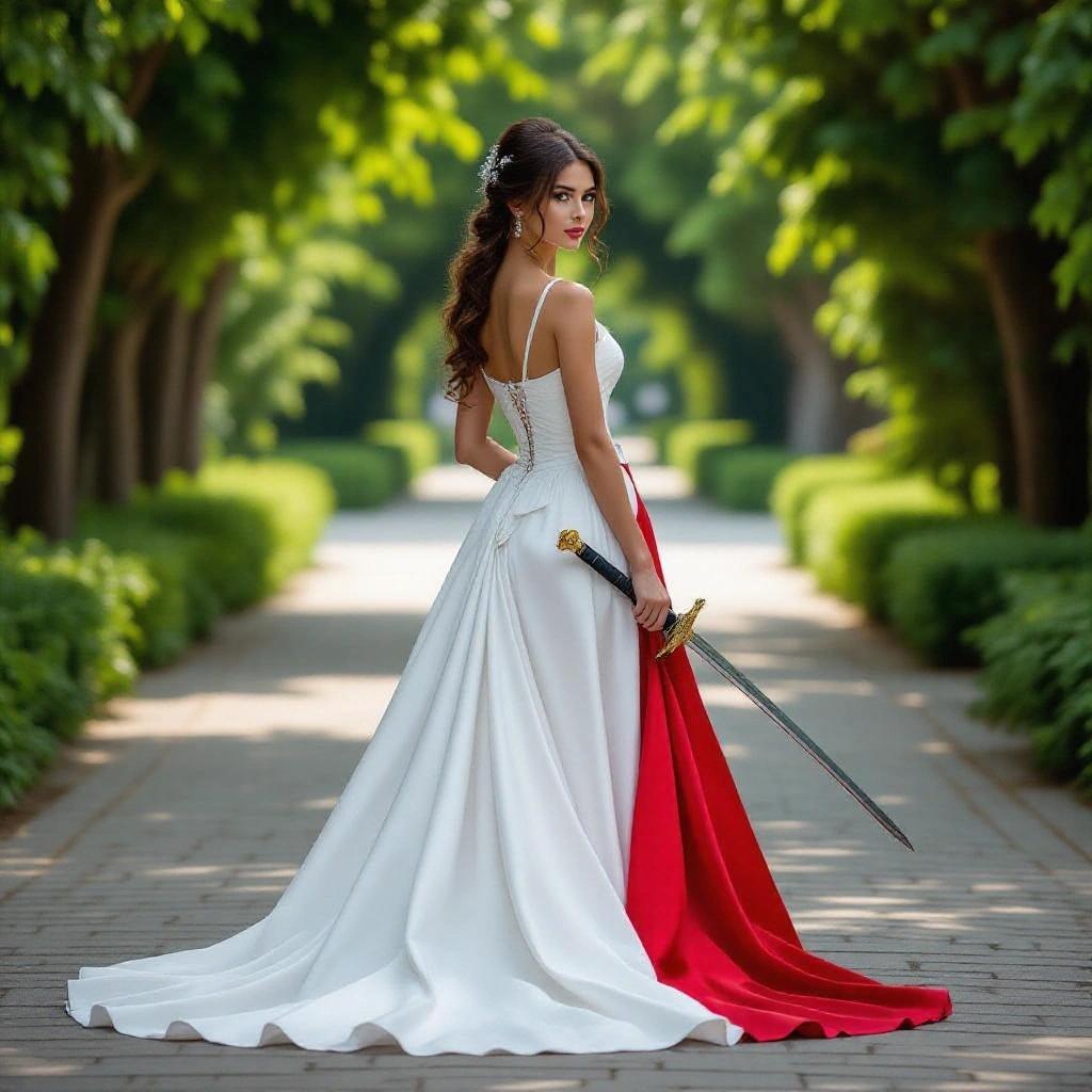 A beautiful woman in an elegant gown stands in a serene pathway. The gown is white and red, flowing gracefully. The woman's hair is elegantly styled with soft curls. She holds a sword and looks back at the viewer.