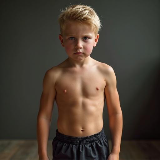 Realistic image of a young boy with a muscular build. The boy has blond hair and stands confidently. The setting is simple with a neutral background.