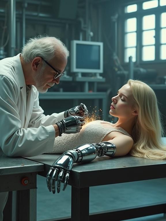 Hyper-realistic scene of a young android on a steel table in a cyber laboratory. Long blonde hair, porcelain skin, translucent silver-gray lace dress. Mechanical arm exposed with chrome and intricate mechanisms. Elderly technician with magnifying glasses repairing robotic hand, sparks flying. Background with machinery, cables, soft ambient light through industrial windows. Calm and tense atmosphere between creator and creation.