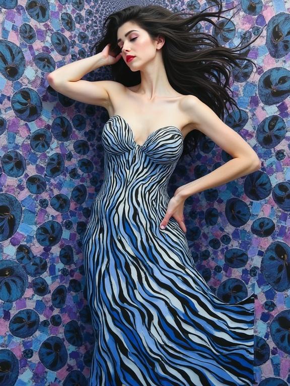Surreal portrait of an ethereal woman. She poses in a kaleidoscopic dress. Background features intricate geometric patterns. Color scheme includes black, white, violet, indigo and blue. Style mixes Escher tessellations, Bridget Riley op art, and Sonia Delaunay morphism.