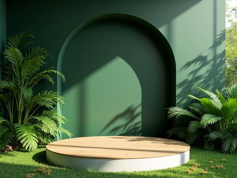 Serene indoor scene with modern minimalist aesthetic. Dark green wall with arched cutout. Lush tropical garden featuring ferns and palm plants on grassy base. Circular wooden platform with light wood top and white base centered on the scene. Soft natural lighting from the right casting shadows on wall.