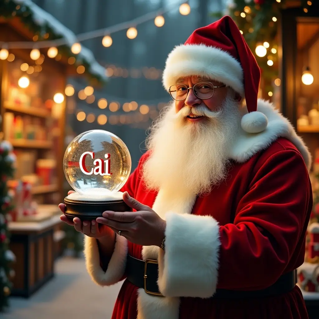 Christmas scene featuring Santa Claus. Santa wears red and white suit. Santa holds a snow globe with the name 'Cai'. Background shows a toy shop filled with festive decorations. Glowing lights embellish the setting.