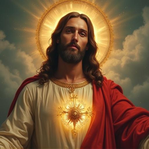 A majestic representation of Jesus Christ in the clouds. Attire includes a robe with a glowing heart emblem. Surrounding heavenly light enhances the divine appearance. The scene conveys a sense of peace and spirituality.