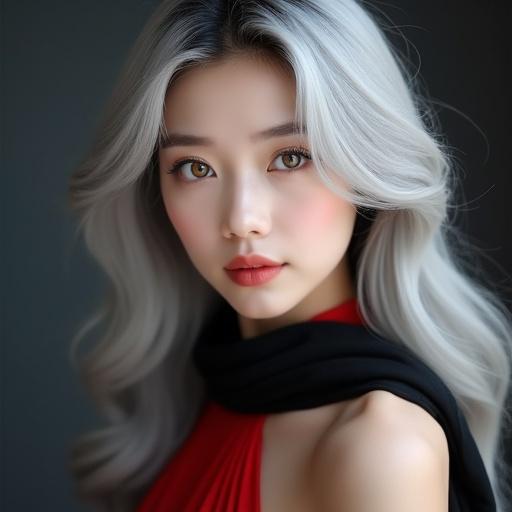 A woman with long silver hair and heterochromatic eyes in a red dress with a black scarf has a sweet expression. The beauty represents K-Pop culture. She appears 20 years old and looks like an idol.