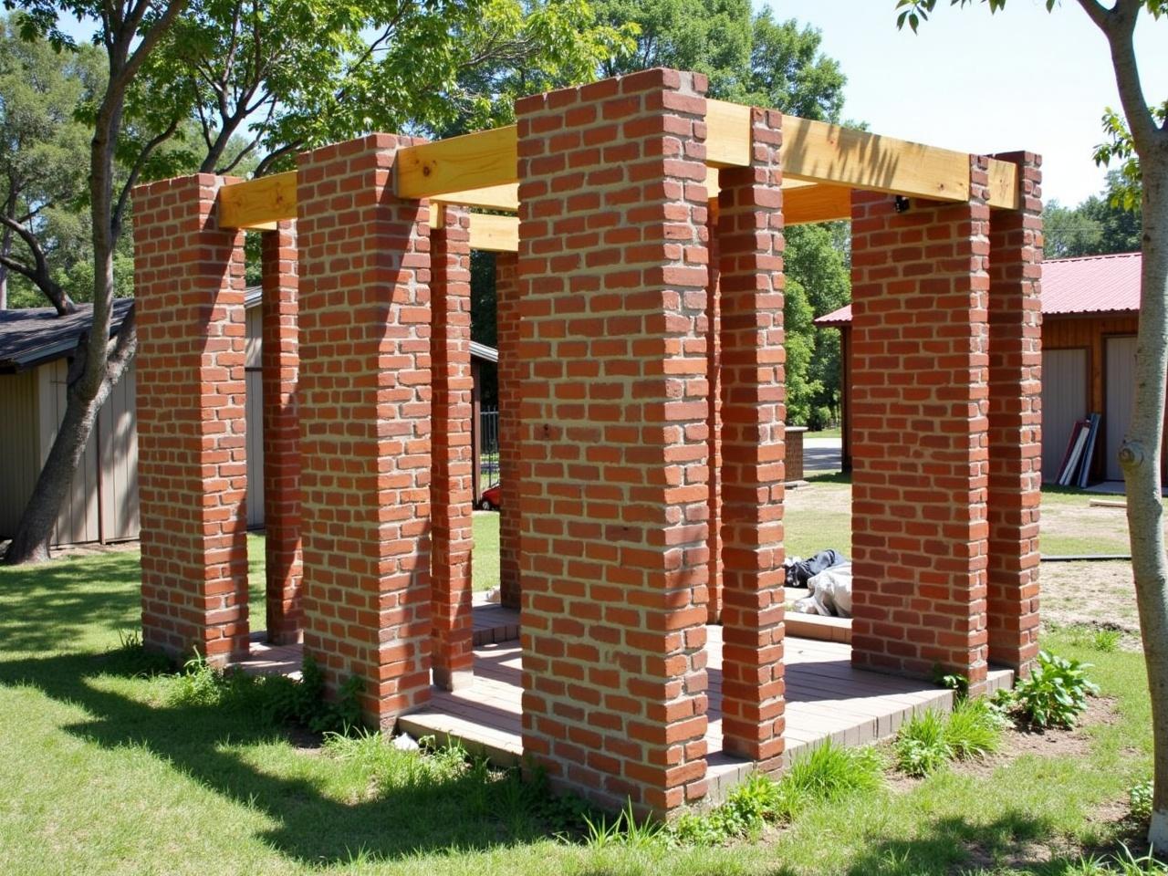 This image shows a partially constructed building made of red brick. The structure features a series of vertical brick columns with a wooden framework at the top. There are open spaces between the columns, allowing for natural light and air to flow through. Surrounding the building is a grassy area with a few plants and a tree nearby. In the background, there are other structures, including a wooden shed and a house, contributing to a suburban atmosphere. The construction appears to be in the early stages, with some building materials visible on the ground.